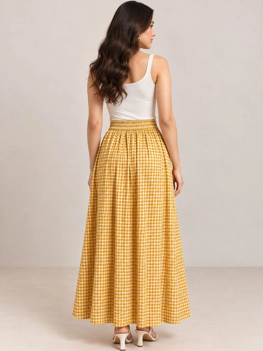 BLUE PIEGEON Women Pure Cotton Blend Checked Summer Checks Maxi Flared Skirt - back view