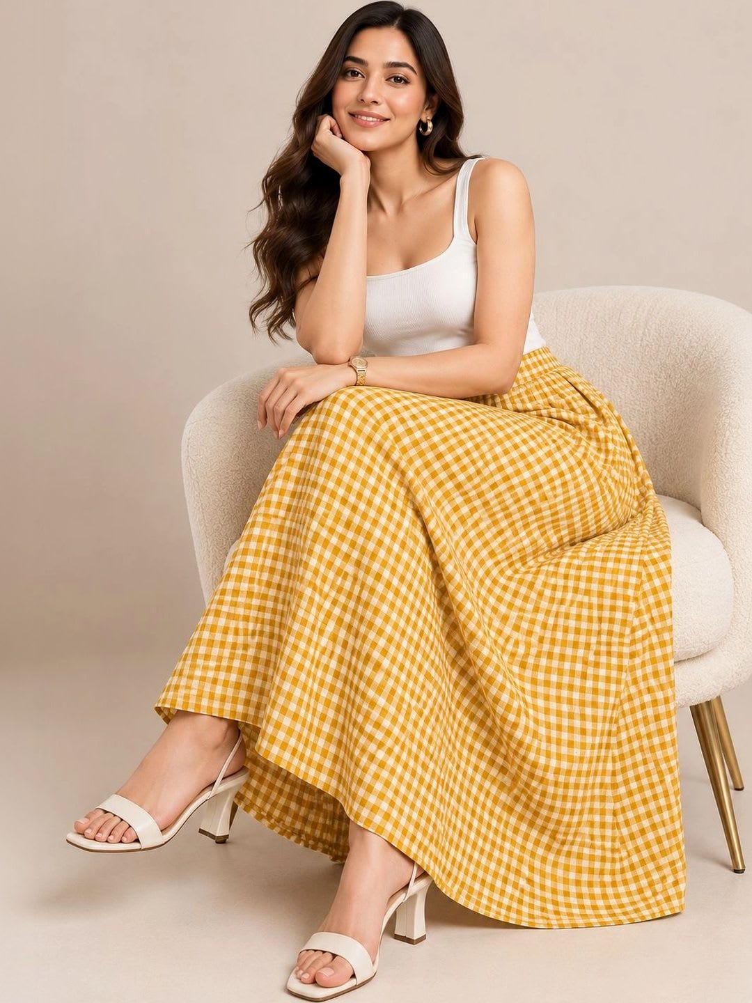 BLUE PIEGEON Women Pure Cotton Blend Checked Summer Checks Maxi Flared Skirt - left view