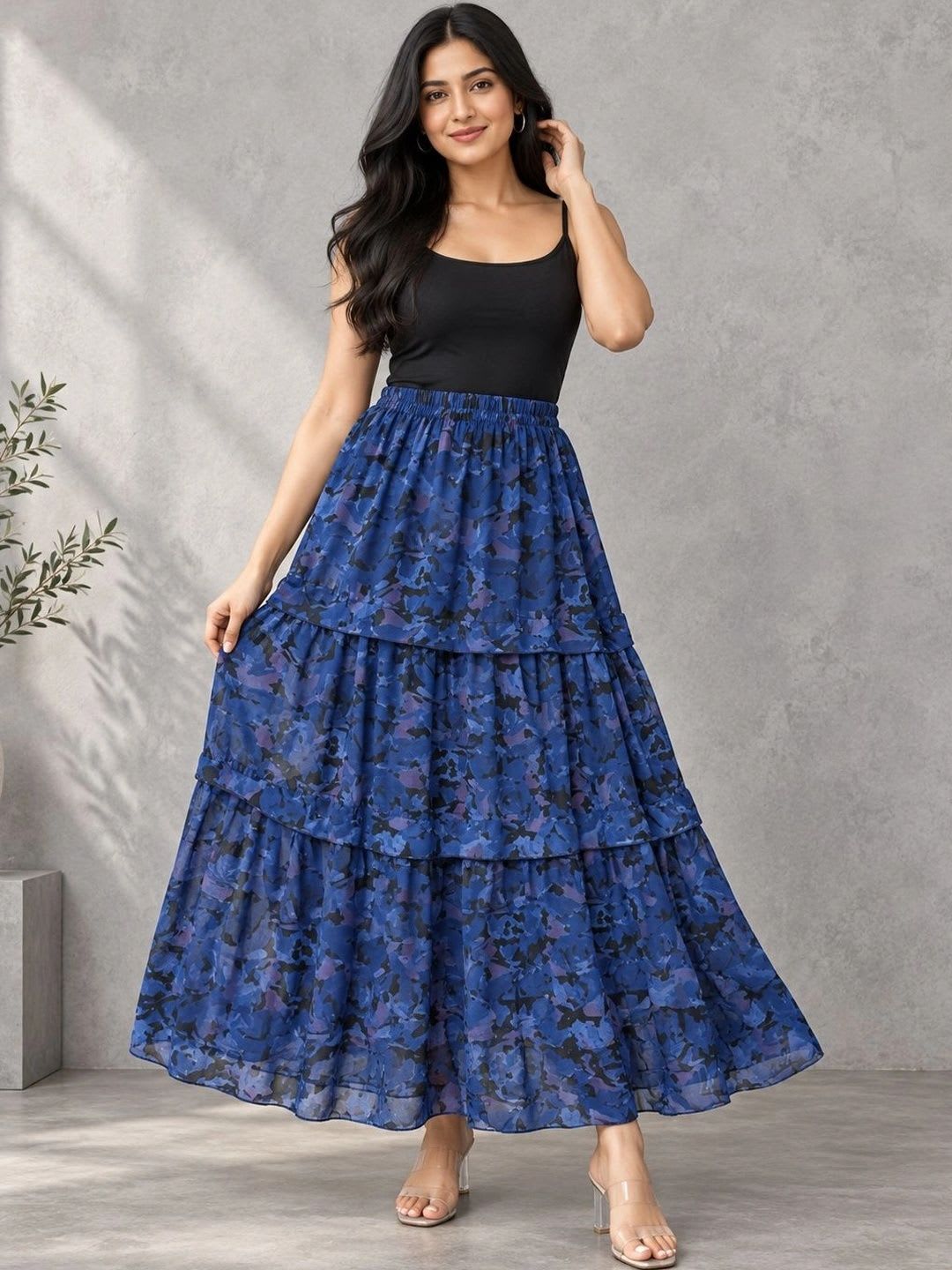 HERE&NOW Women Georgette Floral Tiered Maxi Flared Skirt - default view