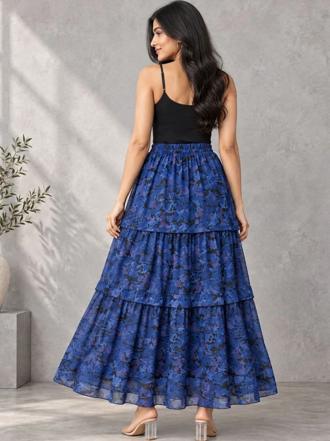 HERE&NOW Women Georgette Floral Tiered Maxi Flared Skirt - back view