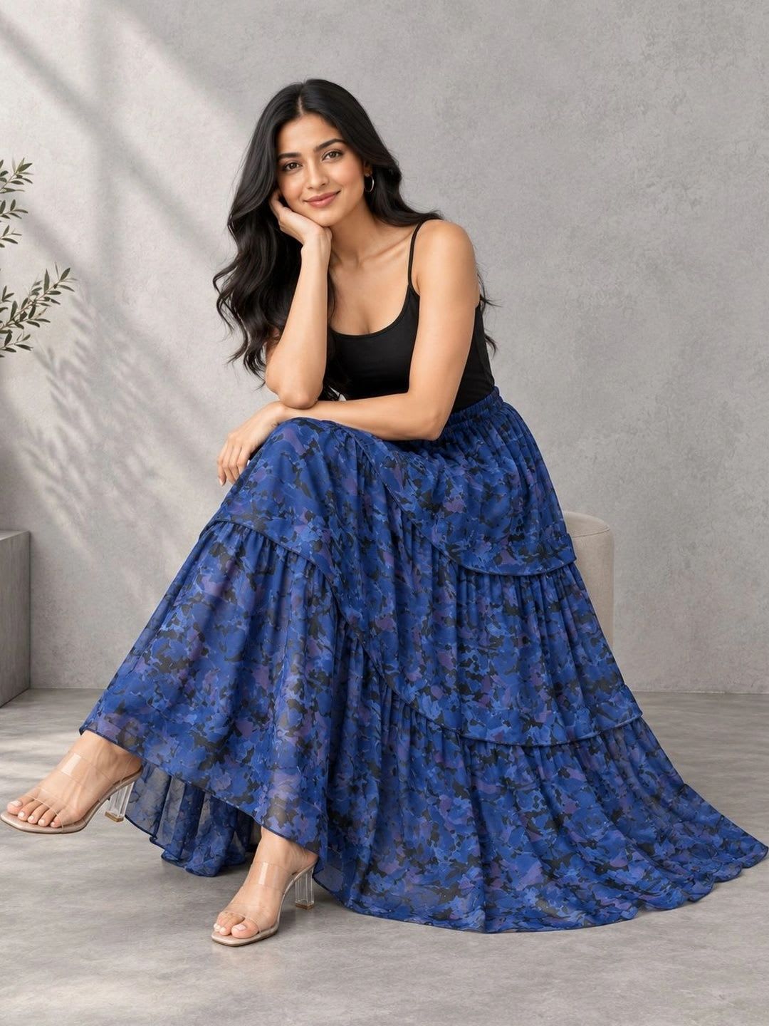 HERE&NOW Women Georgette Floral Tiered Maxi Flared Skirt - left view