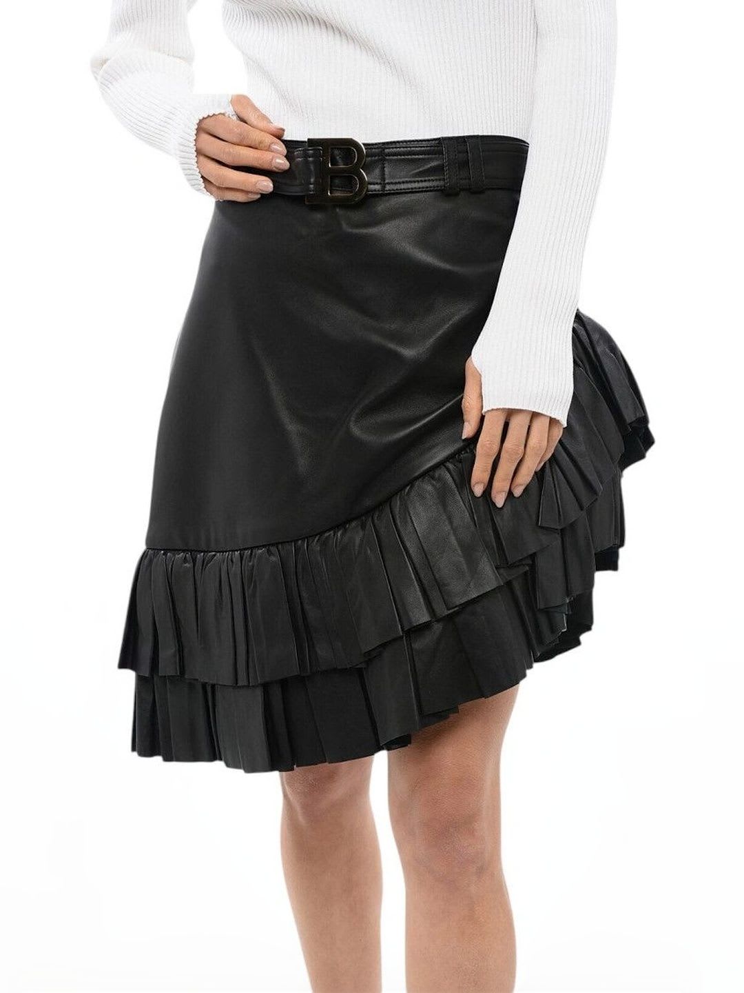 Balmain Women Leather Frills Bows and Ruffles Maxi A-Line Skirt - back view