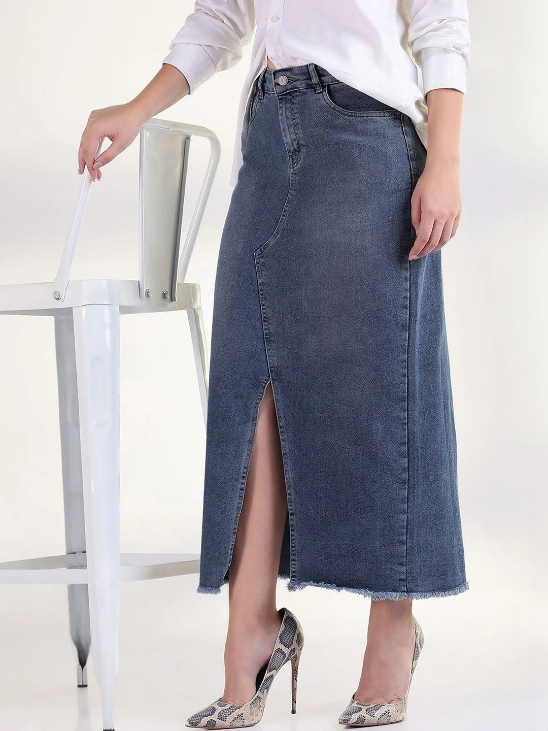 SHOWOFFFF Women Denim Front Slit Midi Straight Skirt - default view
