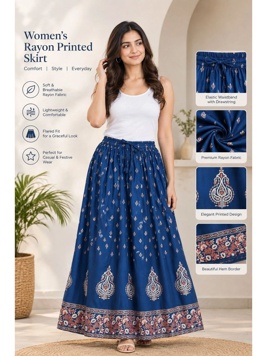 AARMAD Women Cotton Cambric Floral Maxi Flared Skirt - back view