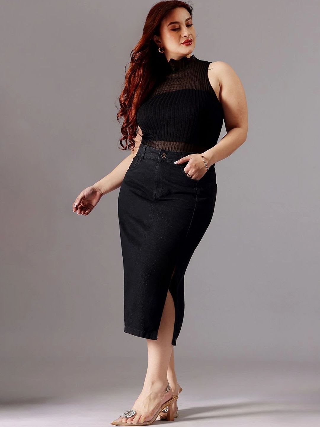 Miss Chase A+ Women Denim Front Slit Midi Straight Skirt - default view