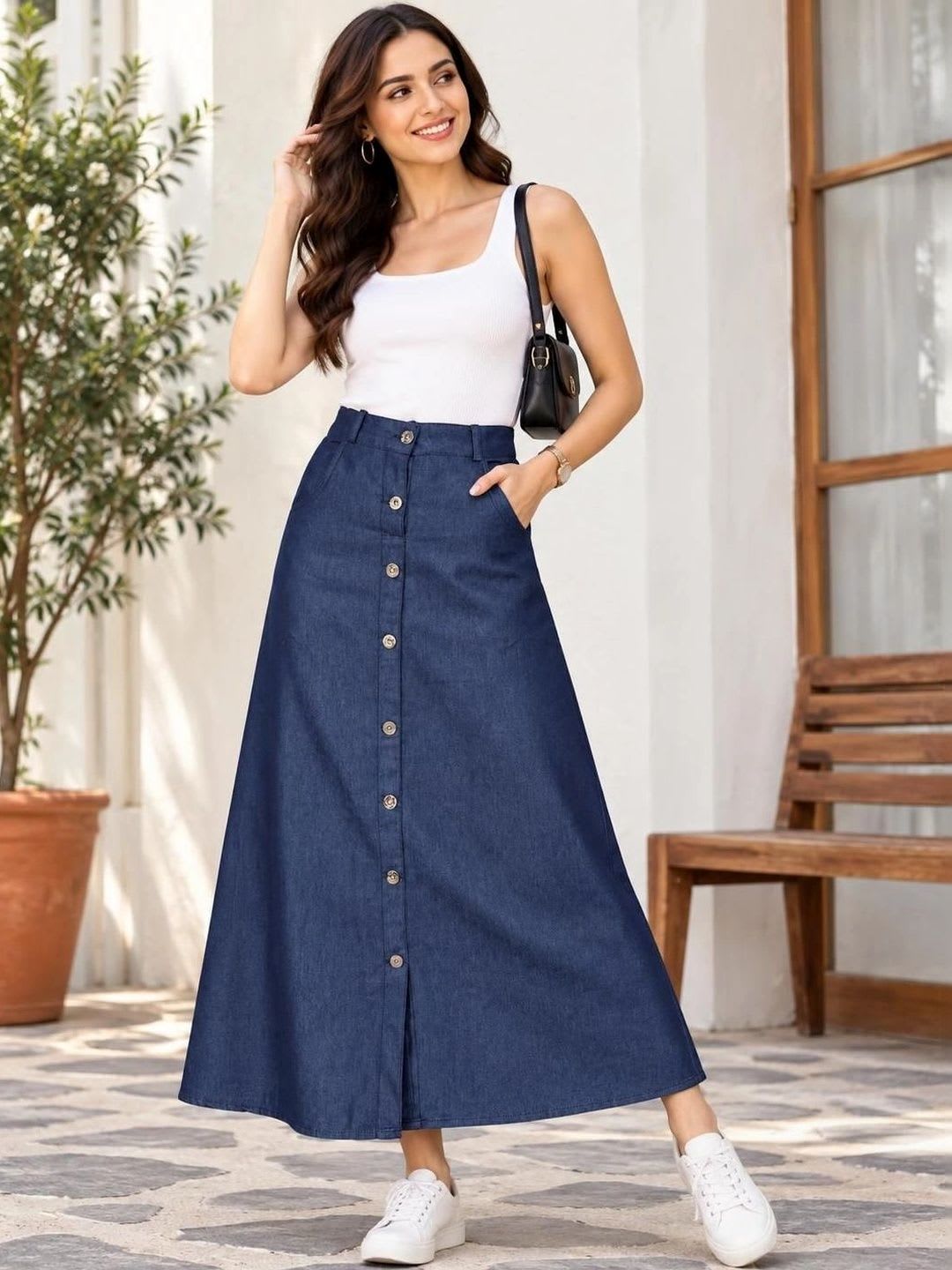 Codaisy Women Denim Front Slit Midi A-Line Skirt - default view