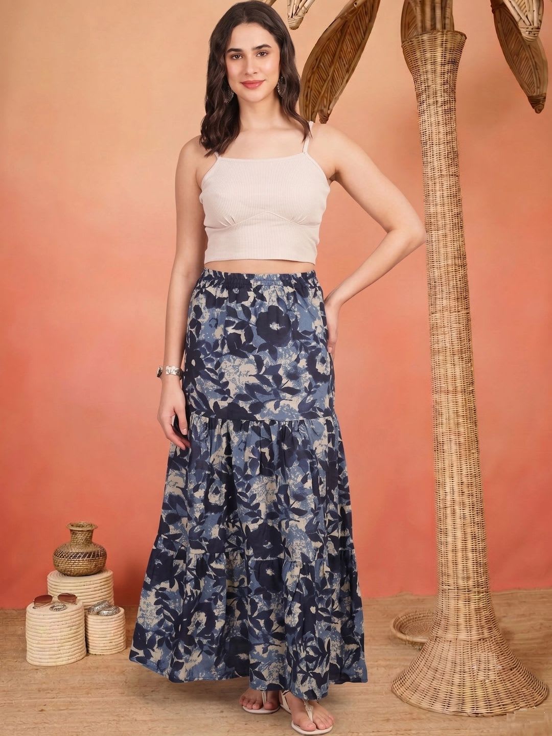 Sangria FUZN Women Cotton Blend Floral Maxi Tiered Skirt - default view