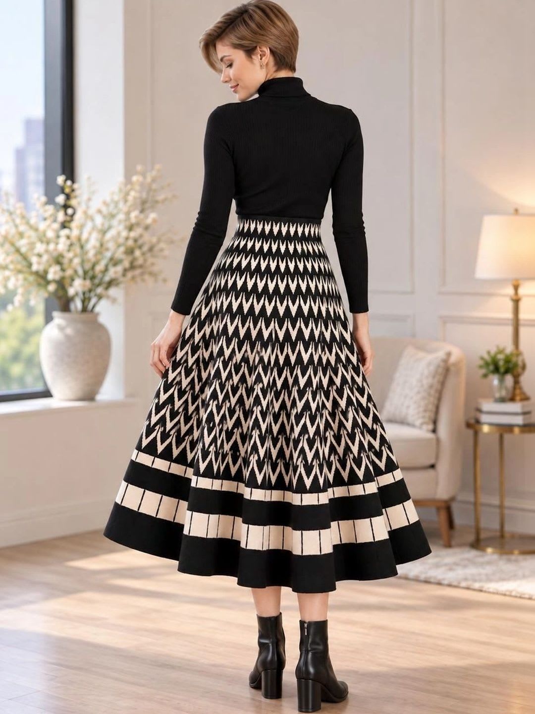Shimmery Chic Women Tweed Geometric Midi Flared Skirt - back view
