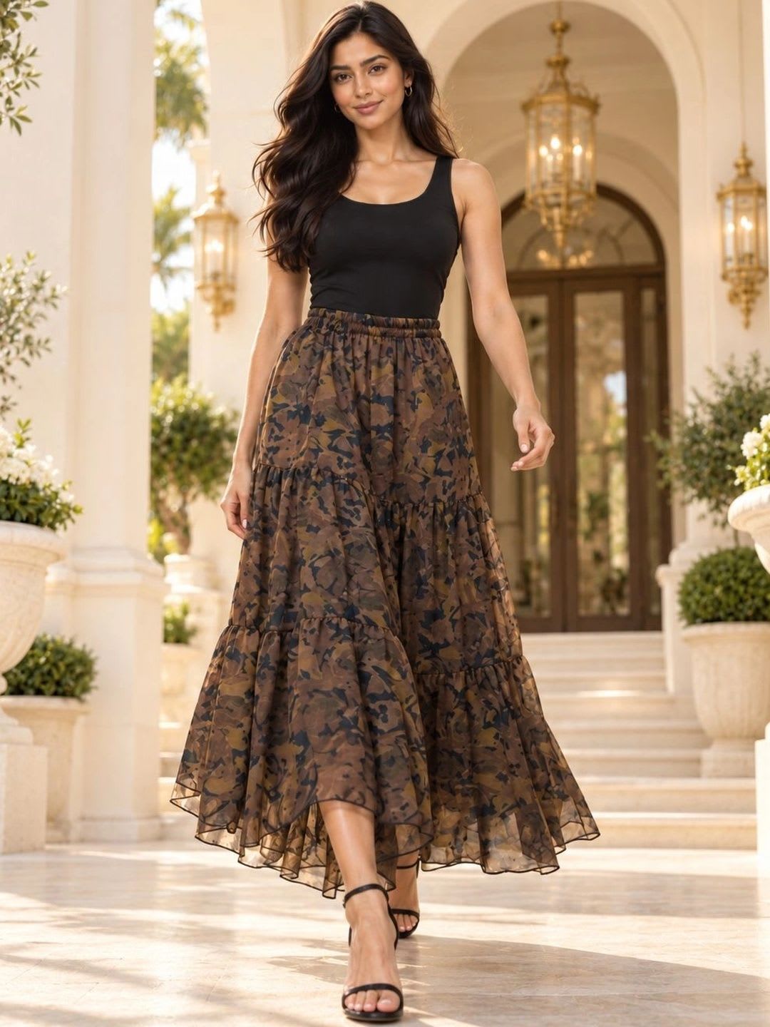 HERE&NOW Women Georgette Abstract Tiered Maxi Flared Skirt - default view