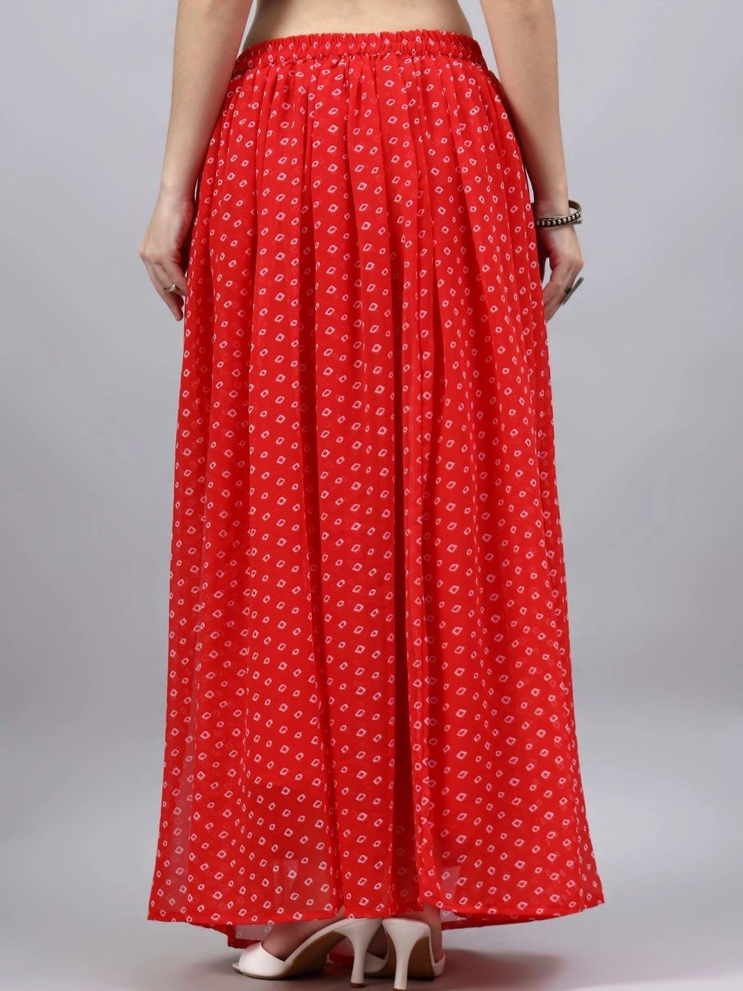 BANJANAN Women Georgette Geometric Sleek Utility Maxi Flared Skirt - back view