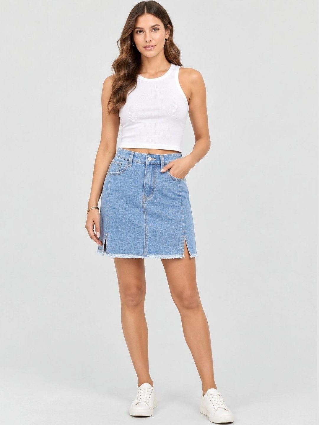 HERE&NOW Women Denim Frayed Denim Front Slit Mini Straight Skirt - default view