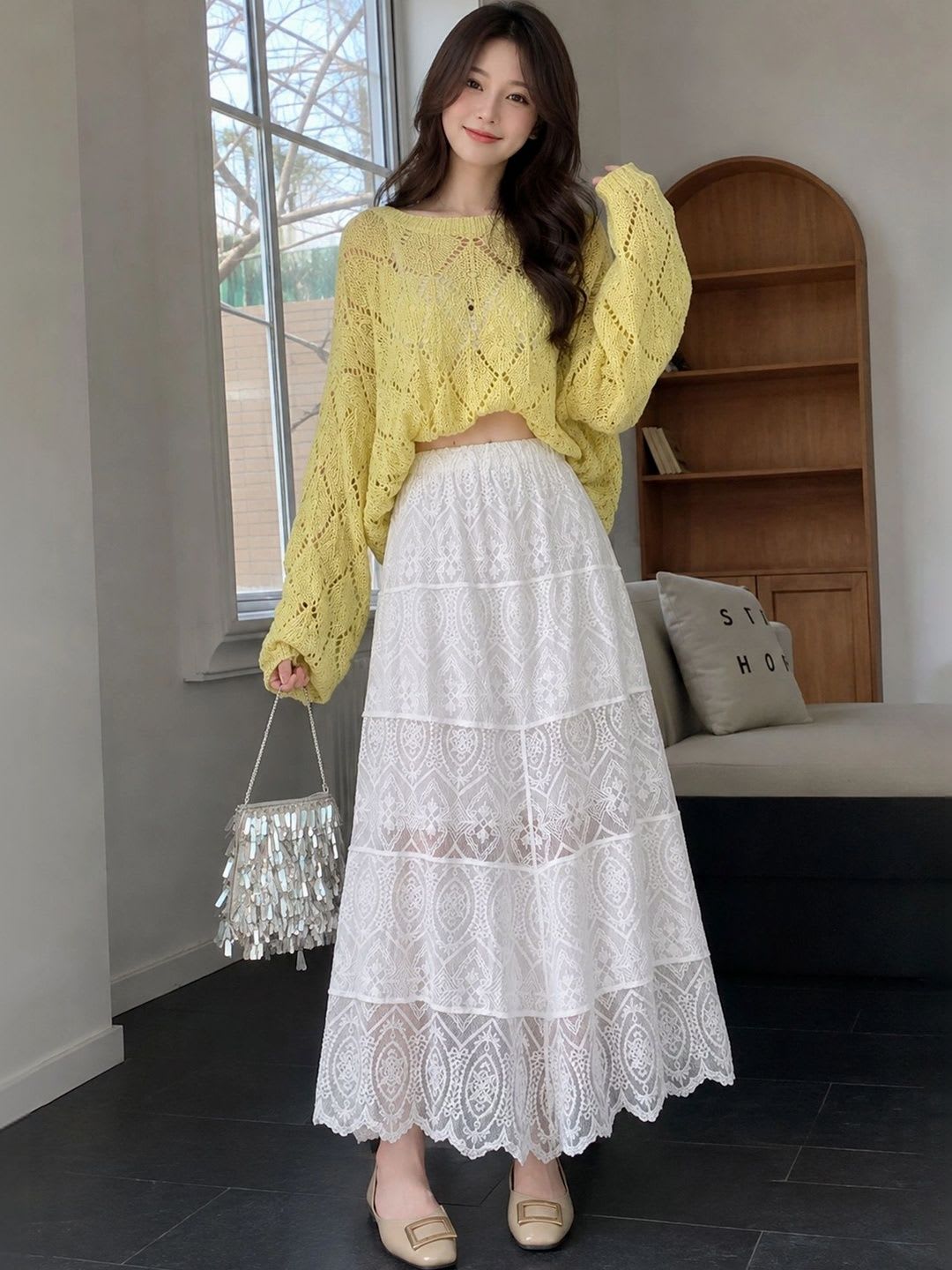 LULU & SKY Women White Lace Embellished Maxi Skirt - default view