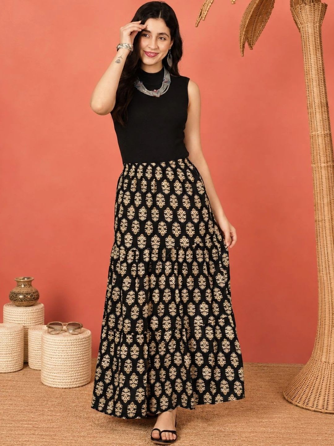 Sangria FUZN Women Pure Cotton Blend Cotton Cambric Floral Maxi A-Line Skirt - default view