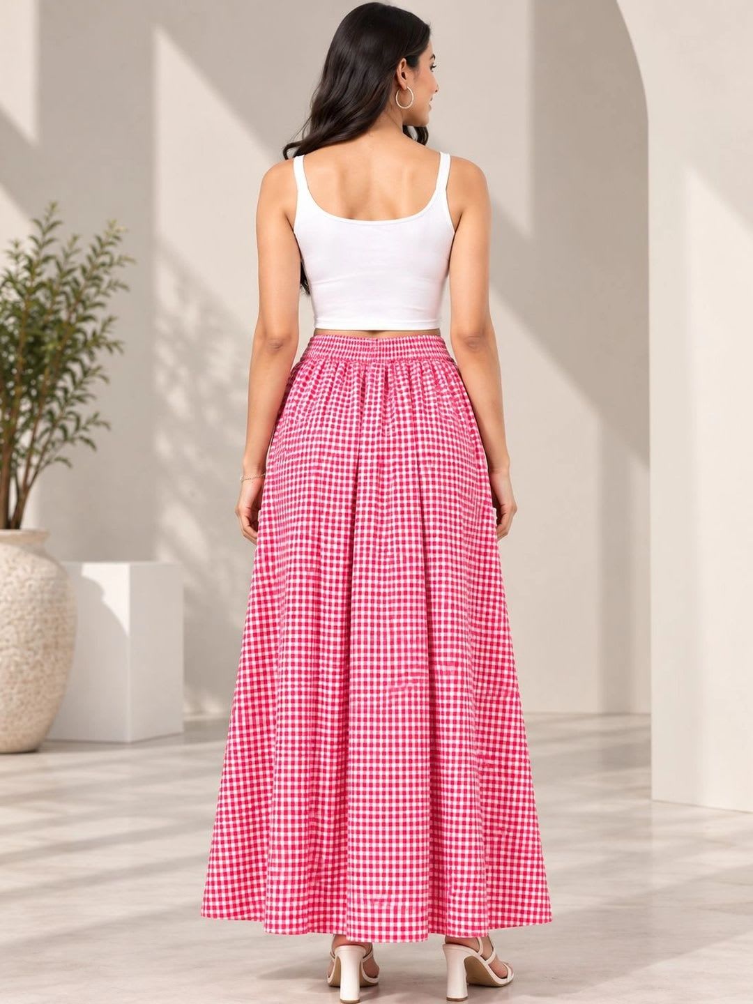 BLUE PIEGEON Women Pure Cotton Blend Checked Summer Checks Maxi Flared Skirt - back view
