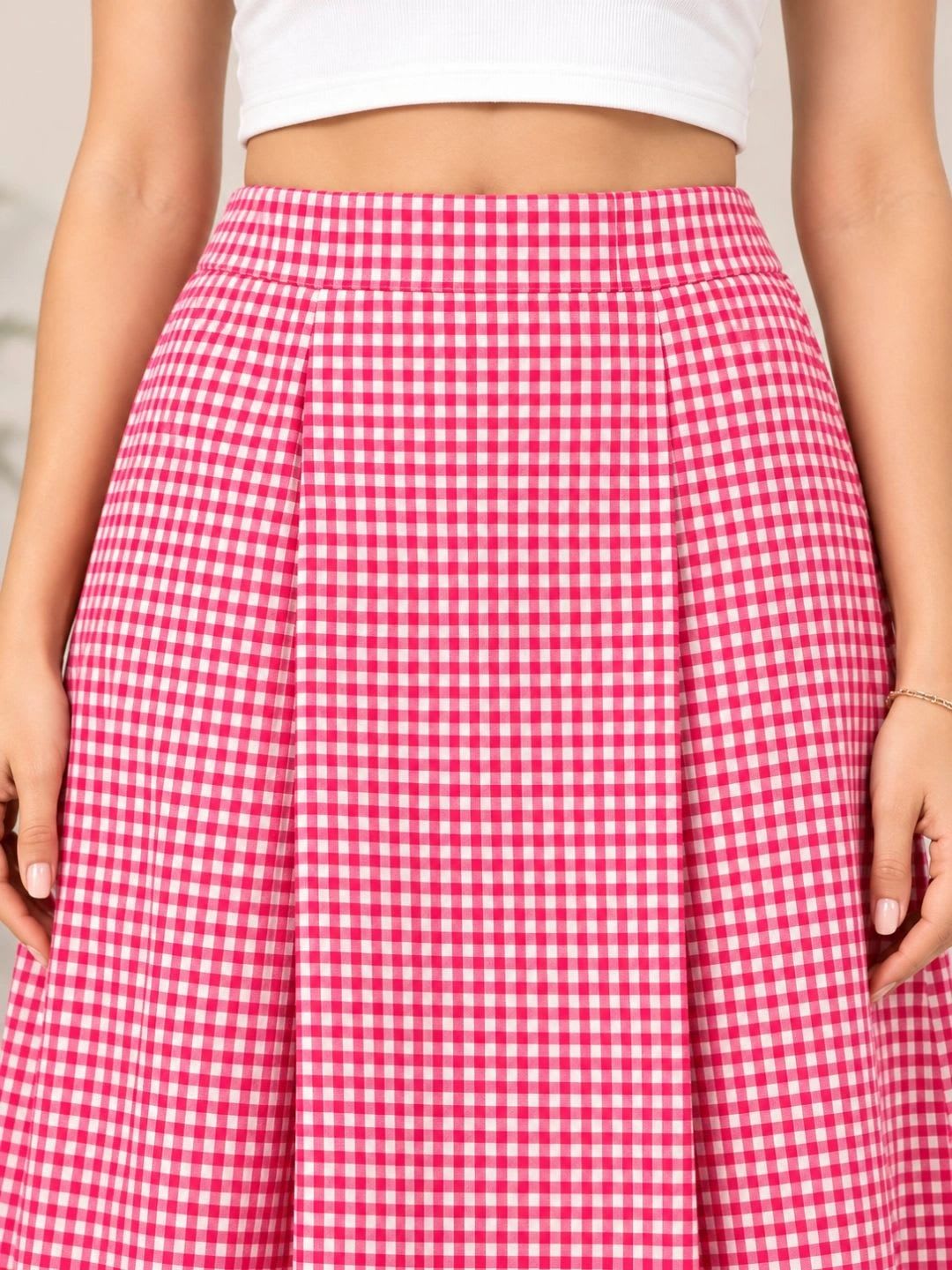 BLUE PIEGEON Women Pure Cotton Blend Checked Summer Checks Maxi Flared Skirt - left view