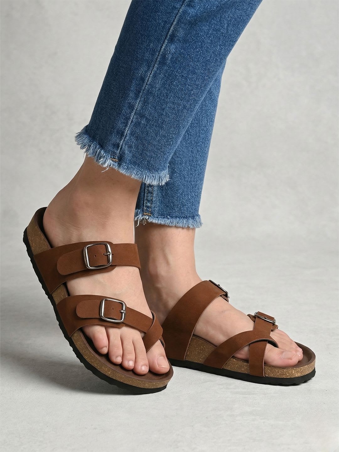 Mast & Harbour Women Solid Round Toe Buckles Leather Open Toe Flats - default view