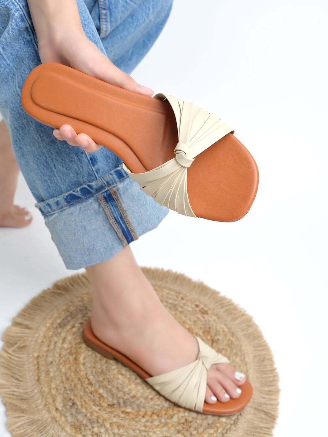 SZN Women Cream Solid Open Toe Synthetic Casual Slip-On Flats - default view