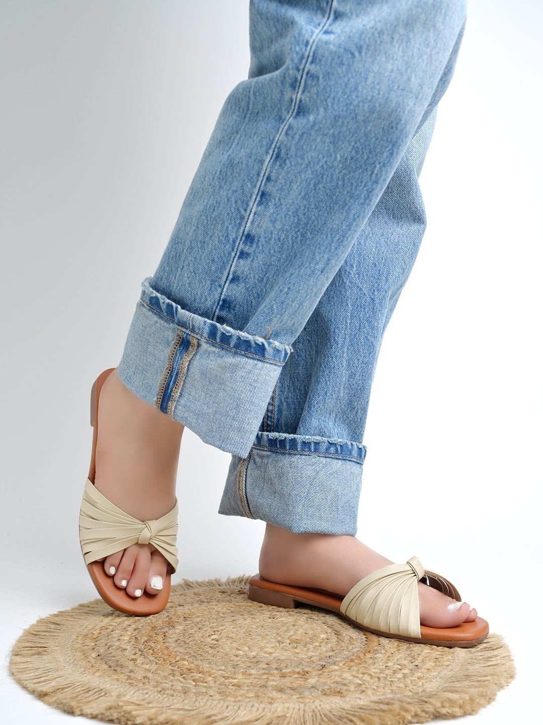 SZN Women Cream Solid Open Toe Synthetic Casual Slip-On Flats - right view