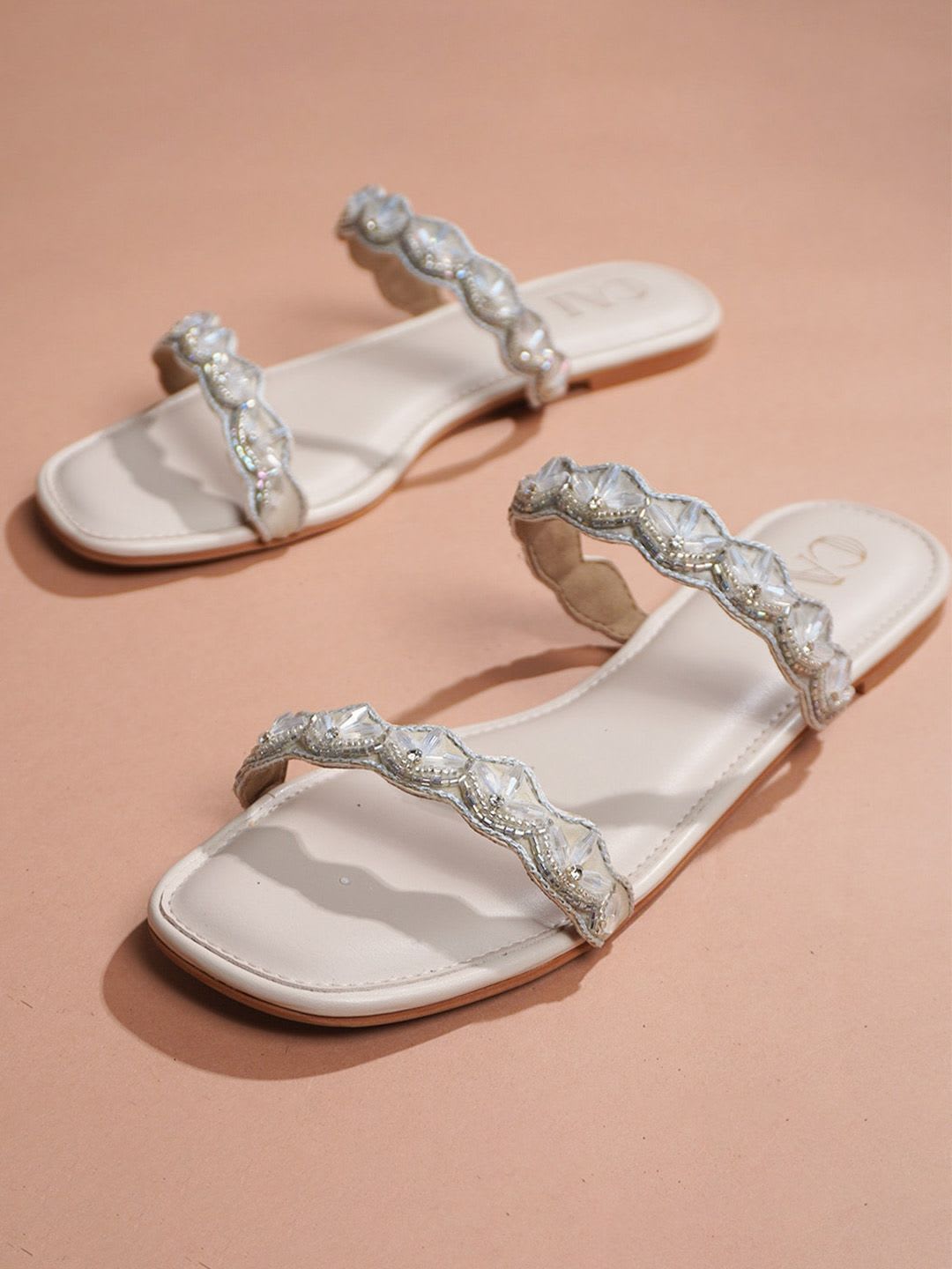 CAI Cream Embellished Open Toe Party Flats - default view
