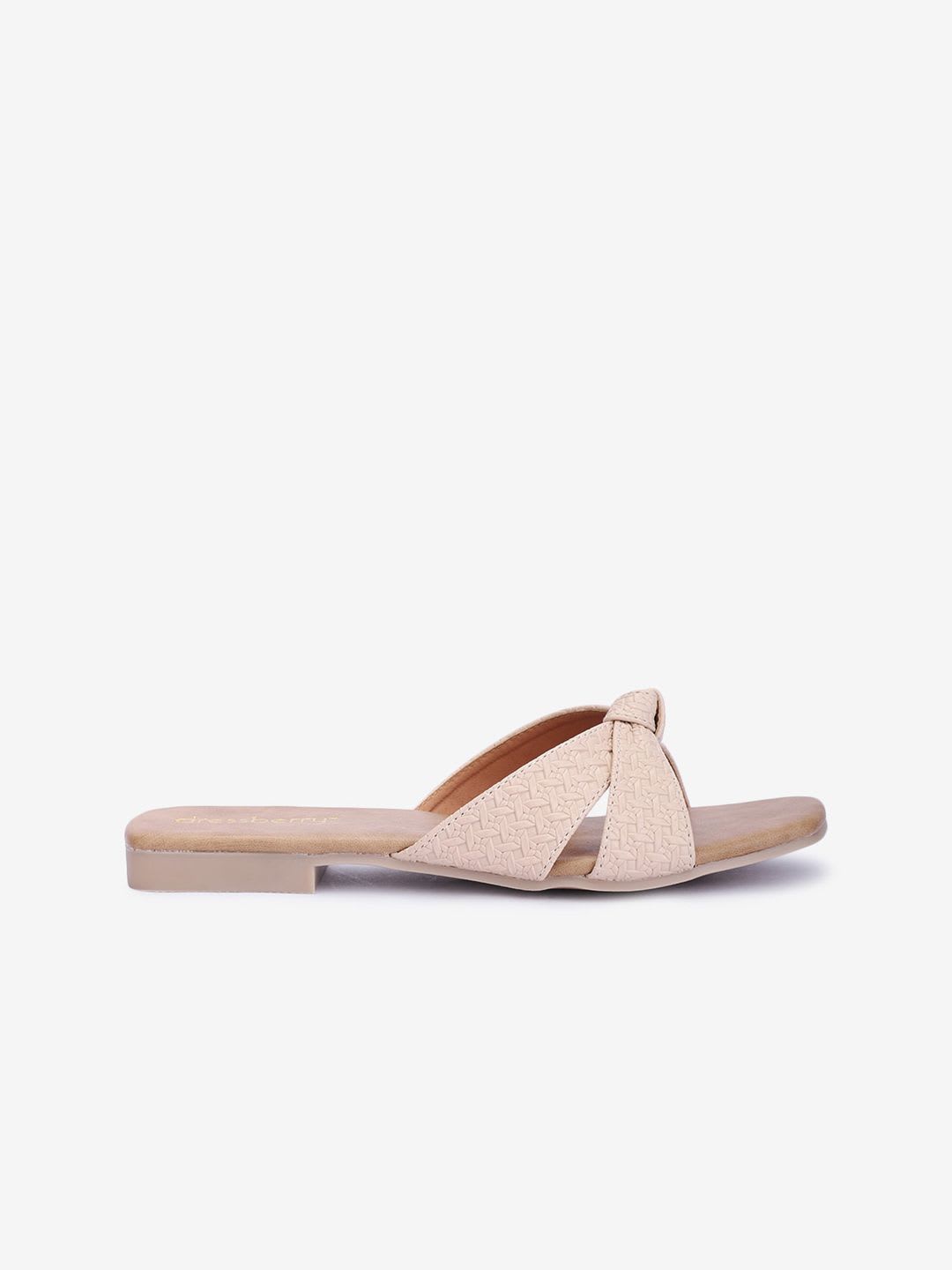 DressBerry Beige Textured Open Toe Flats - left view