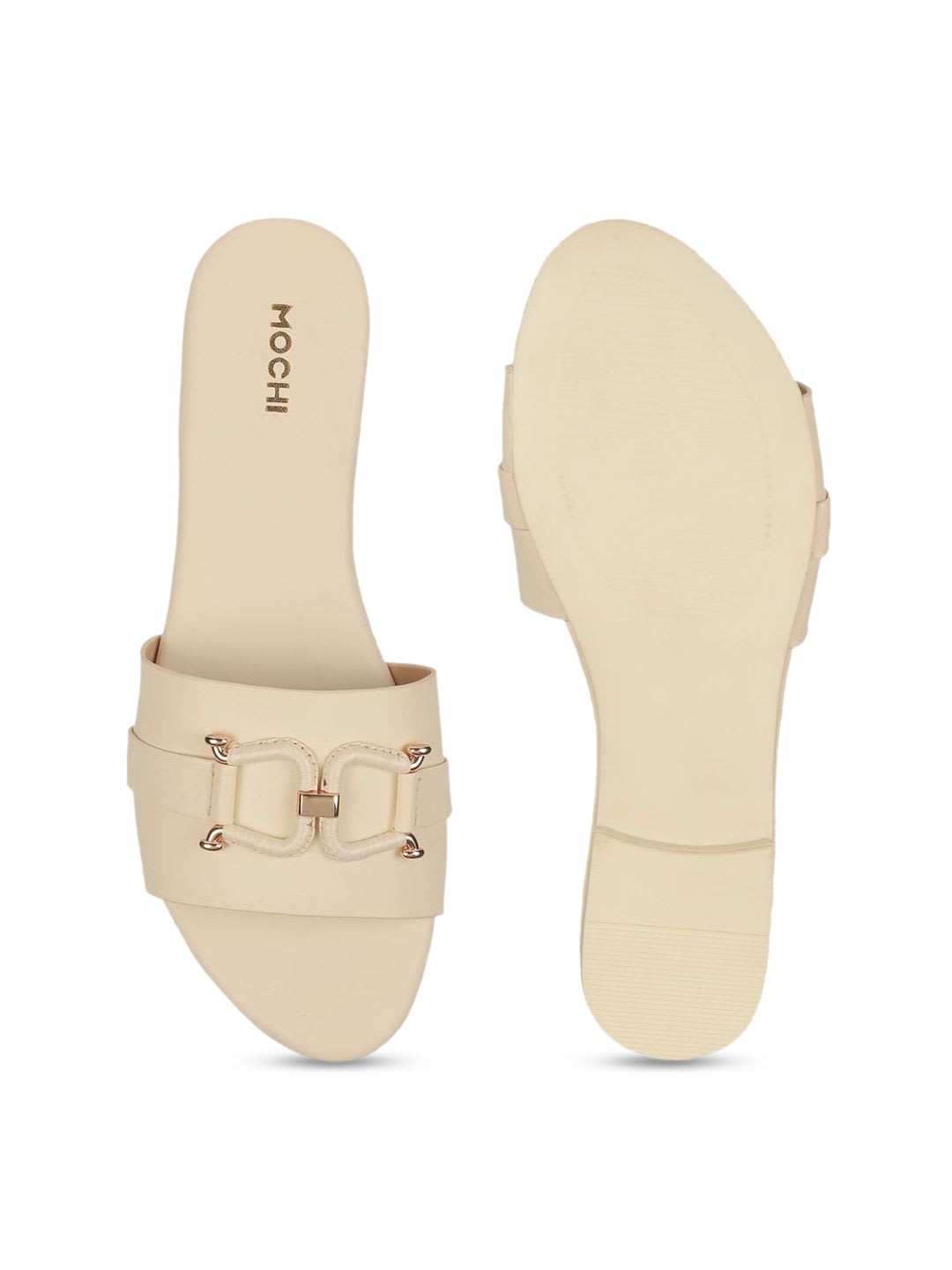 Mochi Womens Beige Open Toe Flats with Buckles - left view
