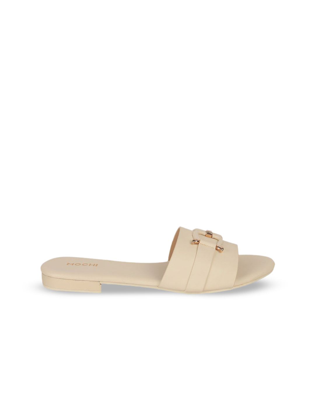 Mochi Womens Beige Open Toe Flats with Buckles - right view