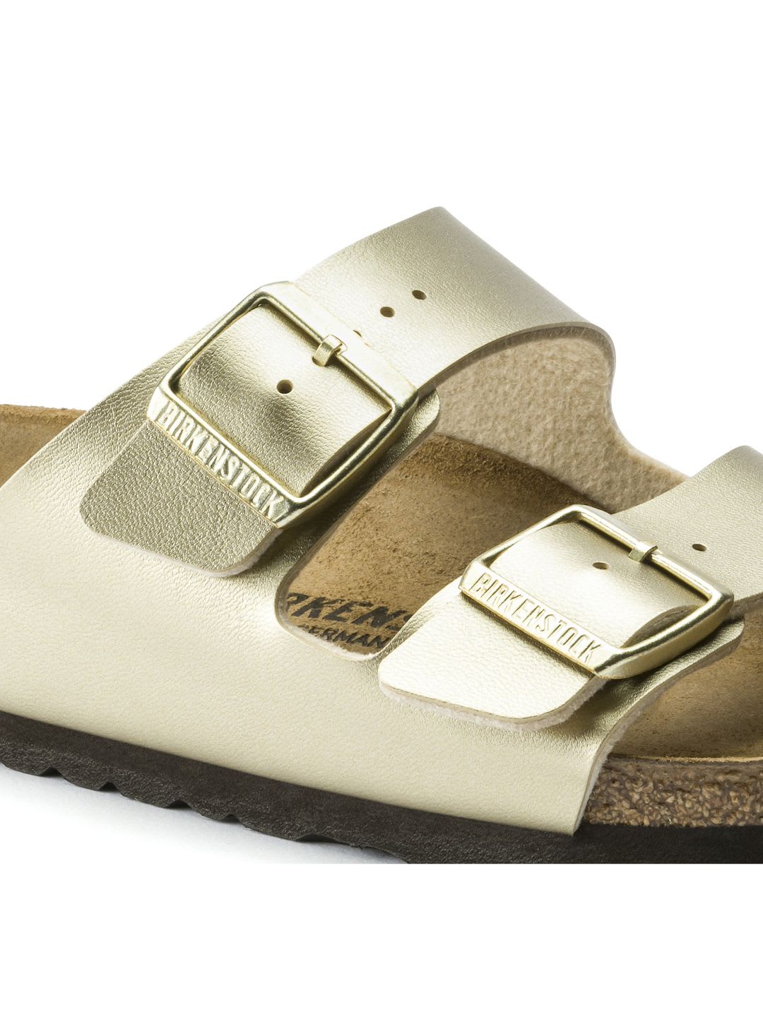 Birkenstock Arizona Gold Narrow Width Birko-Flor Two-Strap Sandals - left view