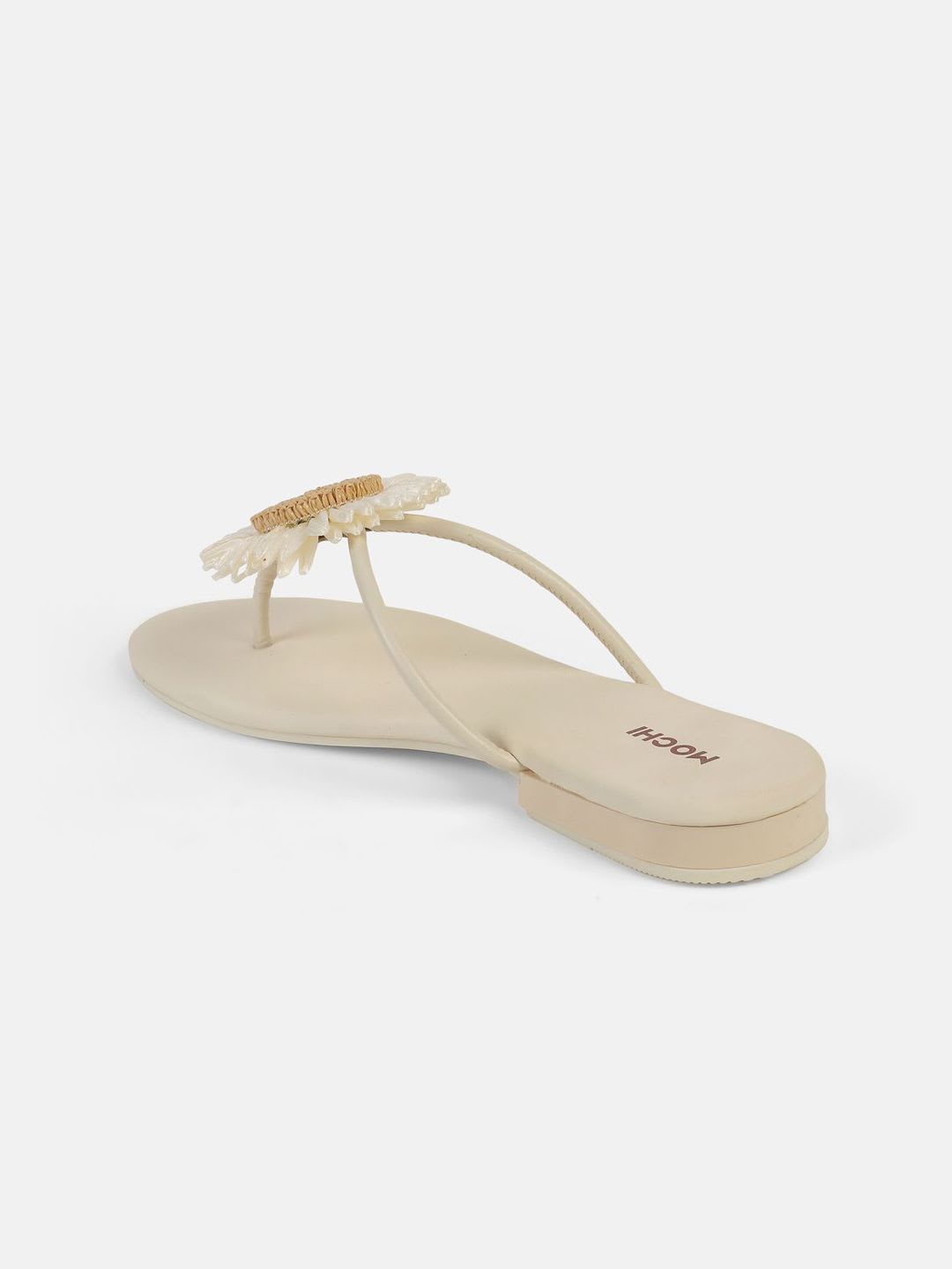 Mochi Womens Beige Floral Casual T-Strap Flats - back view