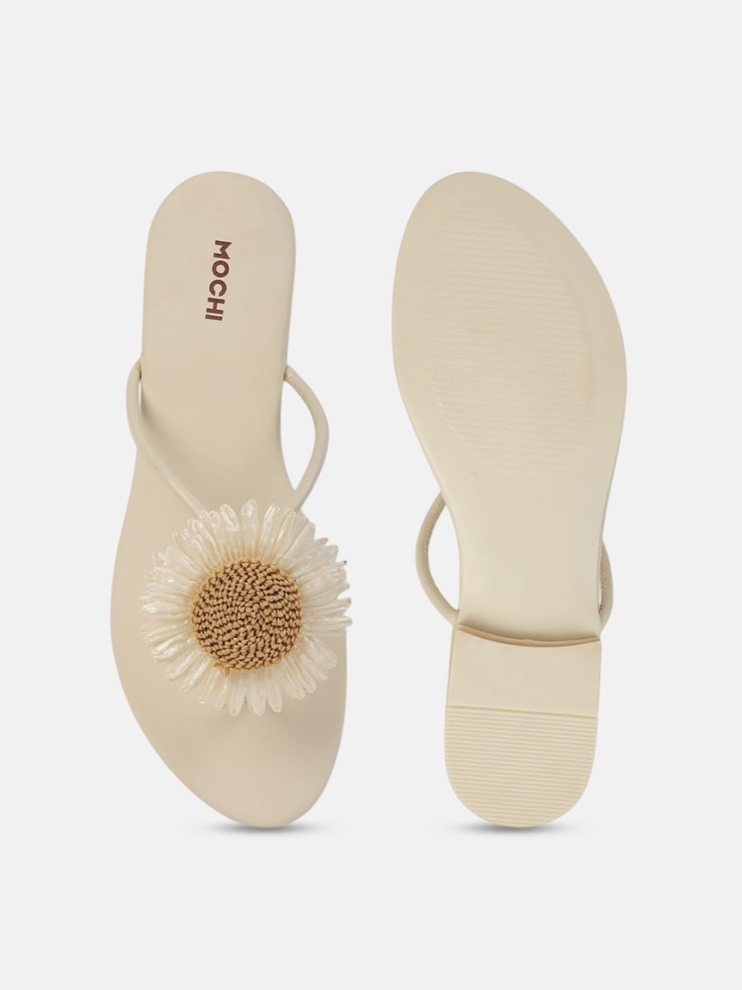Mochi Womens Beige Floral Casual T-Strap Flats - left view