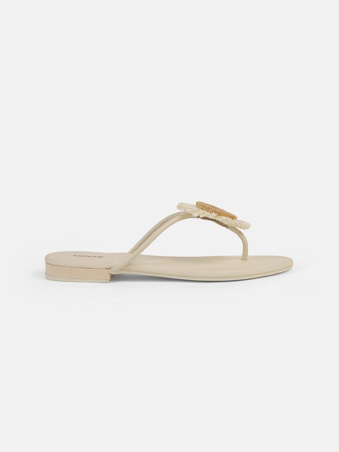 Mochi Womens Beige Floral Casual T-Strap Flats - right view