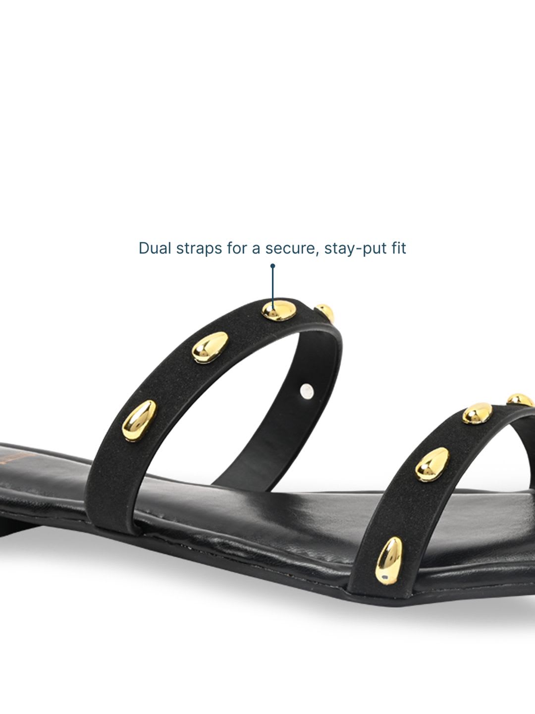 CAI Women Two Strap Black Stud Flats - left view