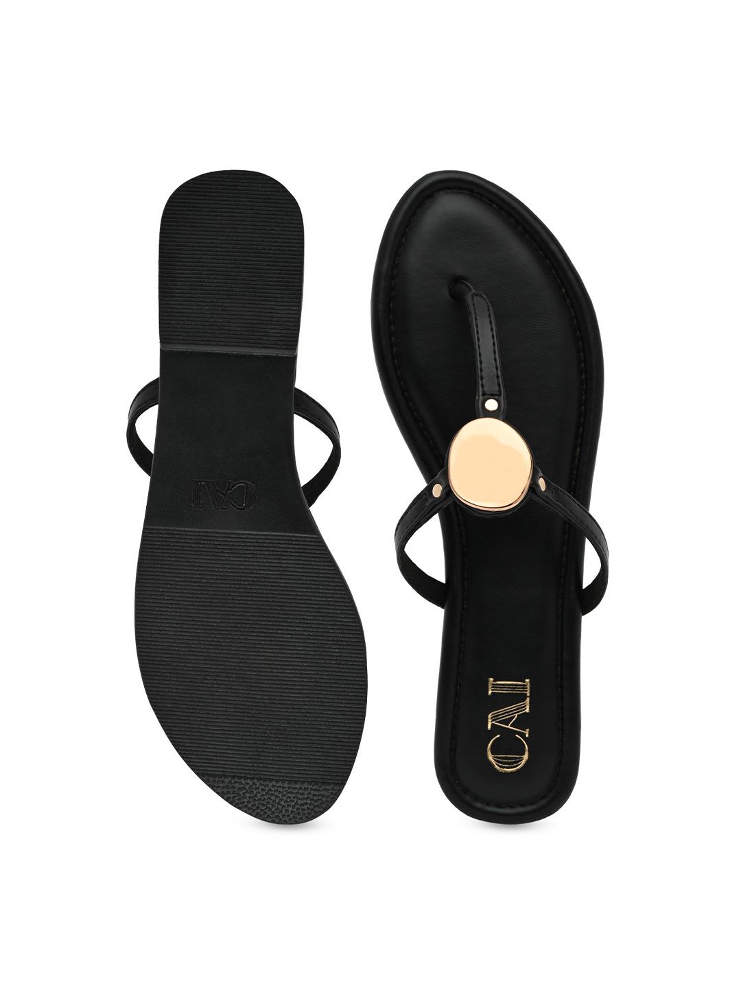 CAI Gold Coin Black Thong Flats - left view