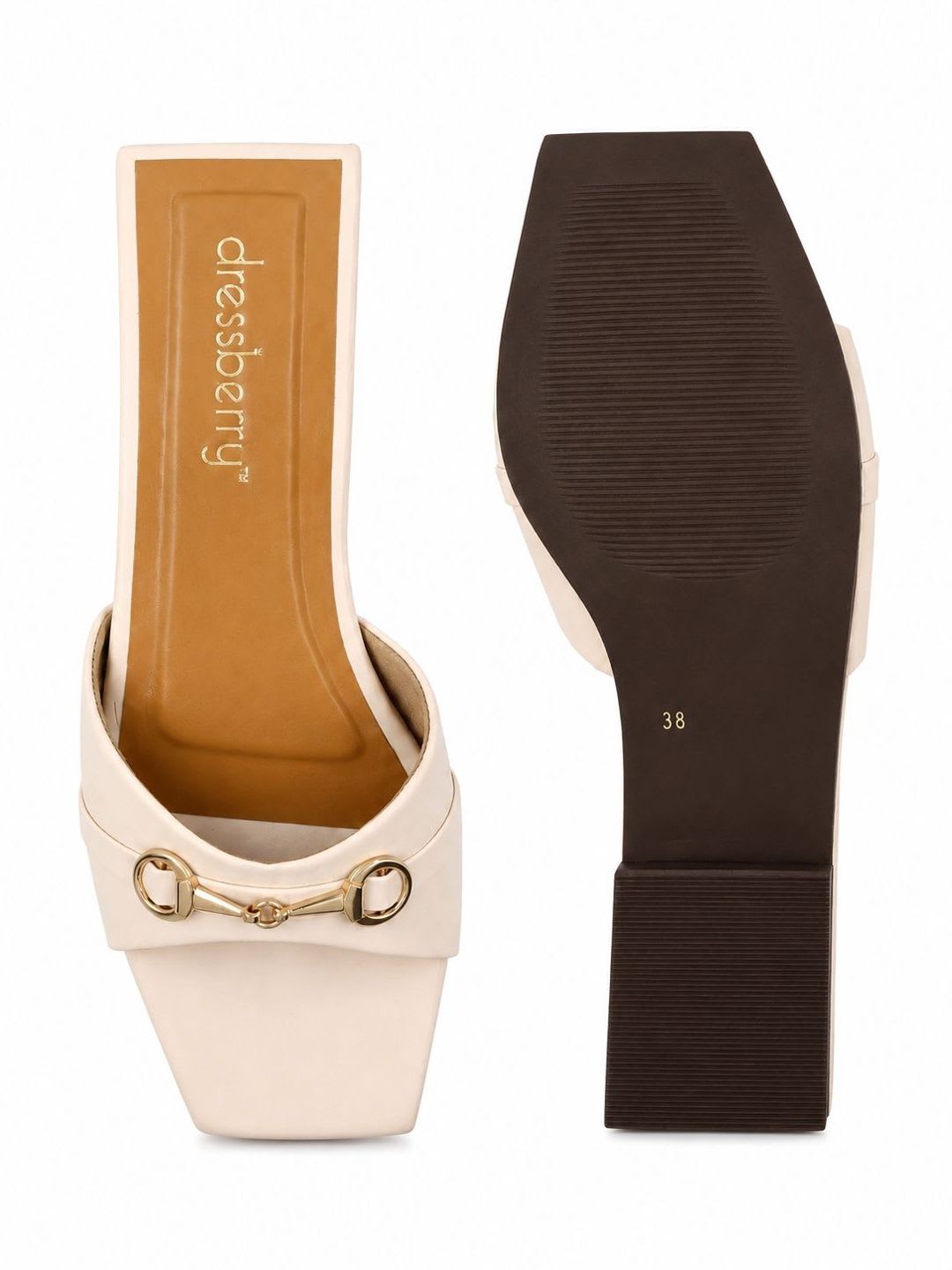 DressBerry Cream-Coloured And Gold-Toned Buckled Open Toe Flats - left view