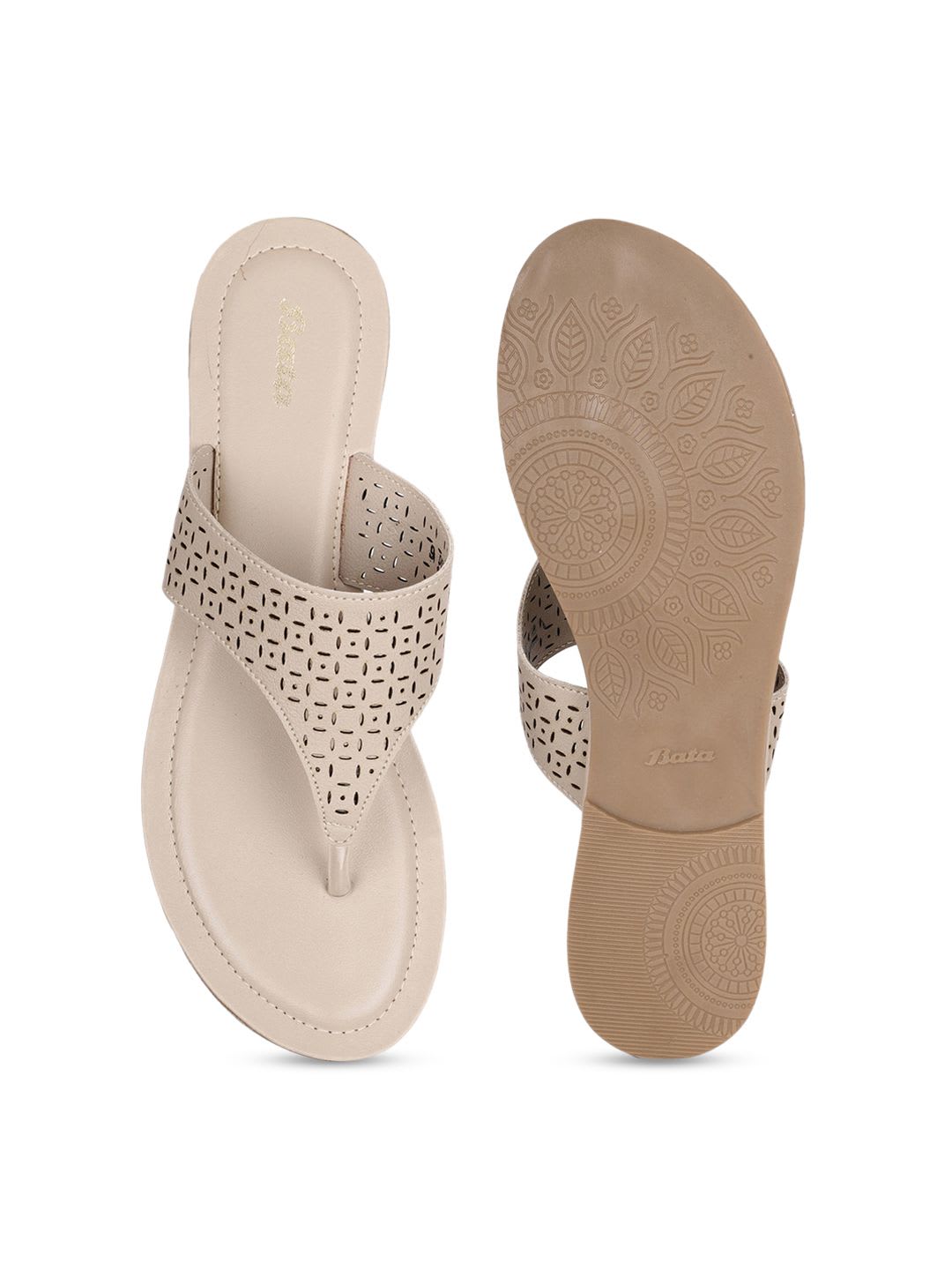 Bata Women Beige T-Strap Flats With Laser Cuts - right view
