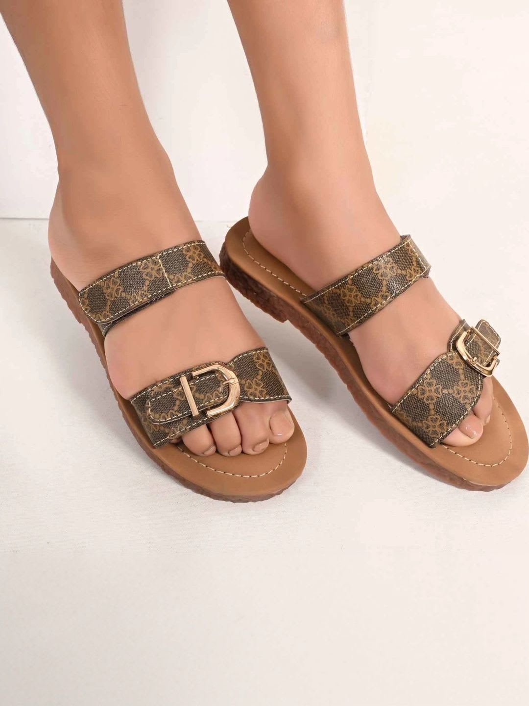 San Marino by Shoe Bank Women Printed Open Toe Flats with Buckles - default view