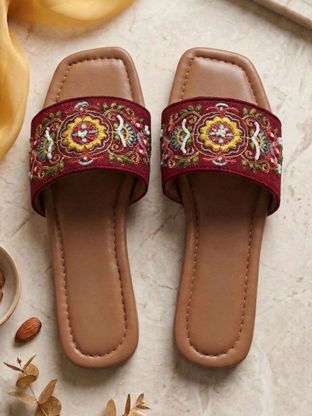 Sangria Women Embellished Open Toe Flats with Embroidered - default view