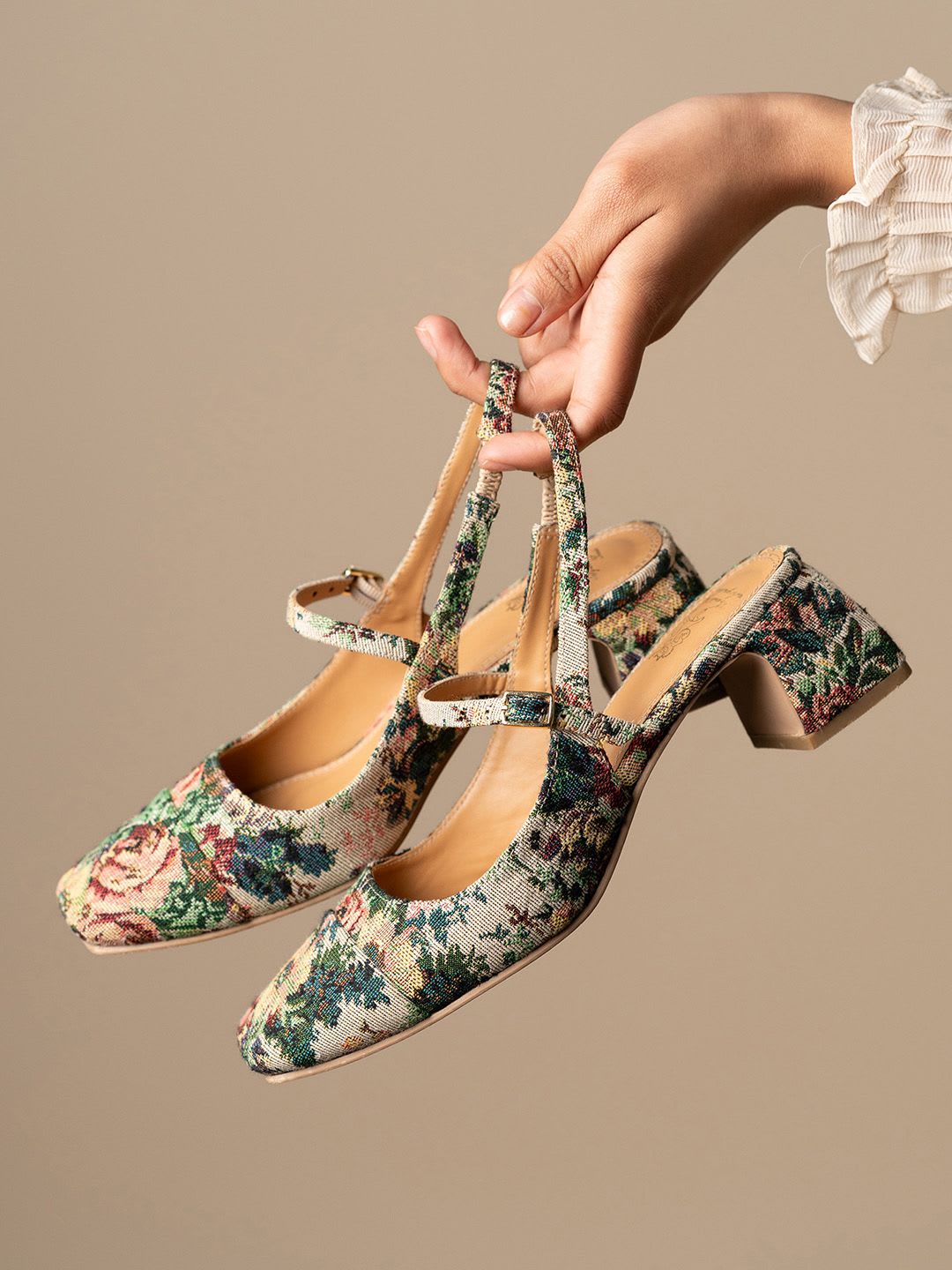 Theater Women Twiggy Sun Child Floral Mary Jane Slingback Block Heels - right view