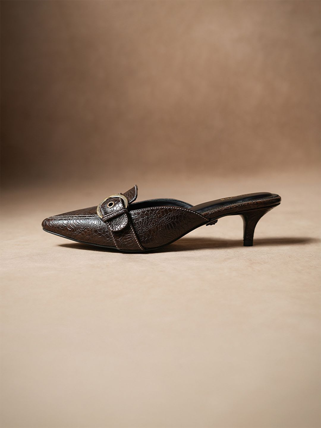 Theater Women Brown Croc-Embossed Leather Buckle Kitten Mules - back view