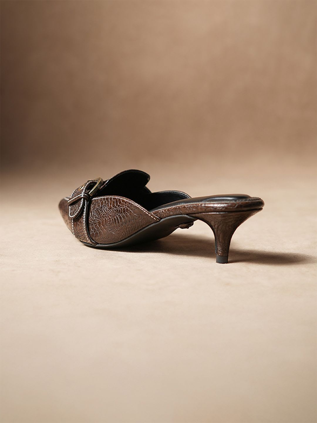 Theater Women Brown Croc-Embossed Leather Buckle Kitten Mules - left view