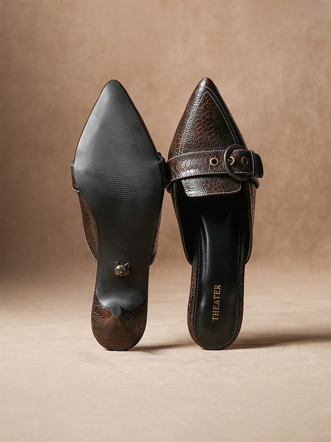 Theater Women Brown Croc-Embossed Leather Buckle Kitten Mules - right view