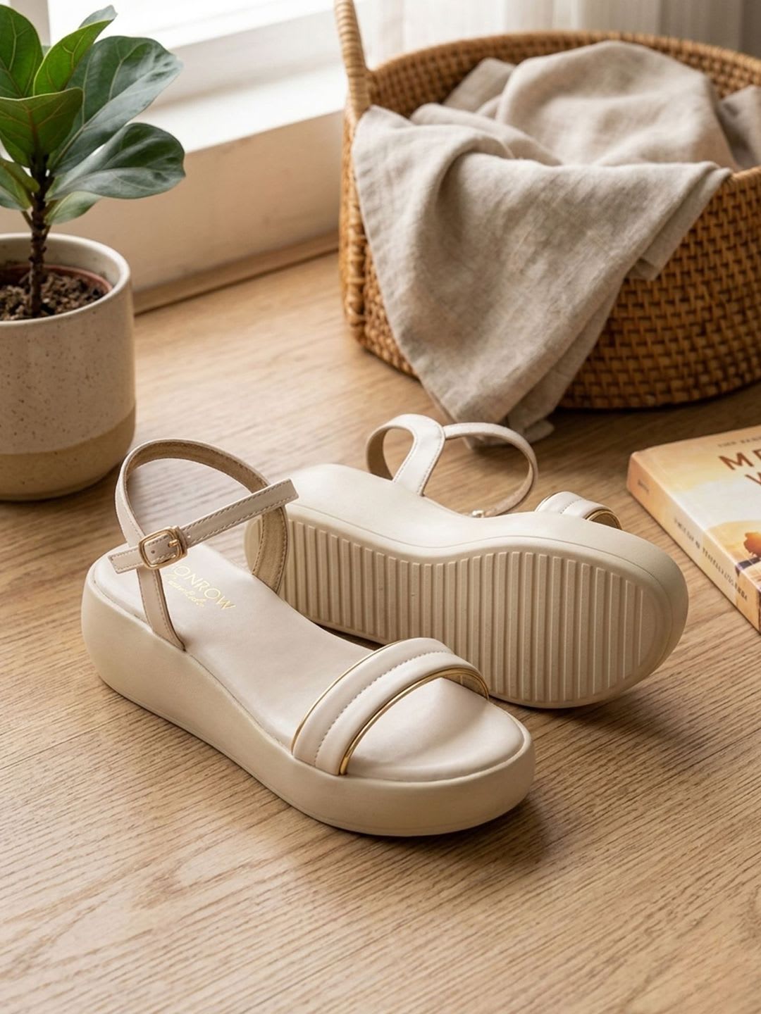 Monrow Cream Open Toe Backstrap Embellished Wedges - default view
