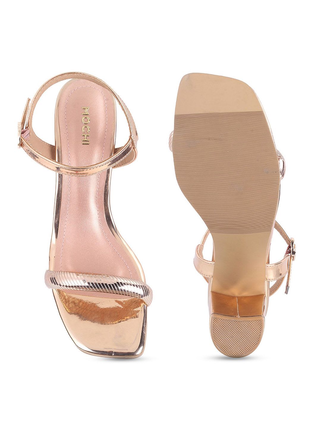 Mochi Womens Gold-Toned Embellished Open Toe Block Heel Sandal - left view