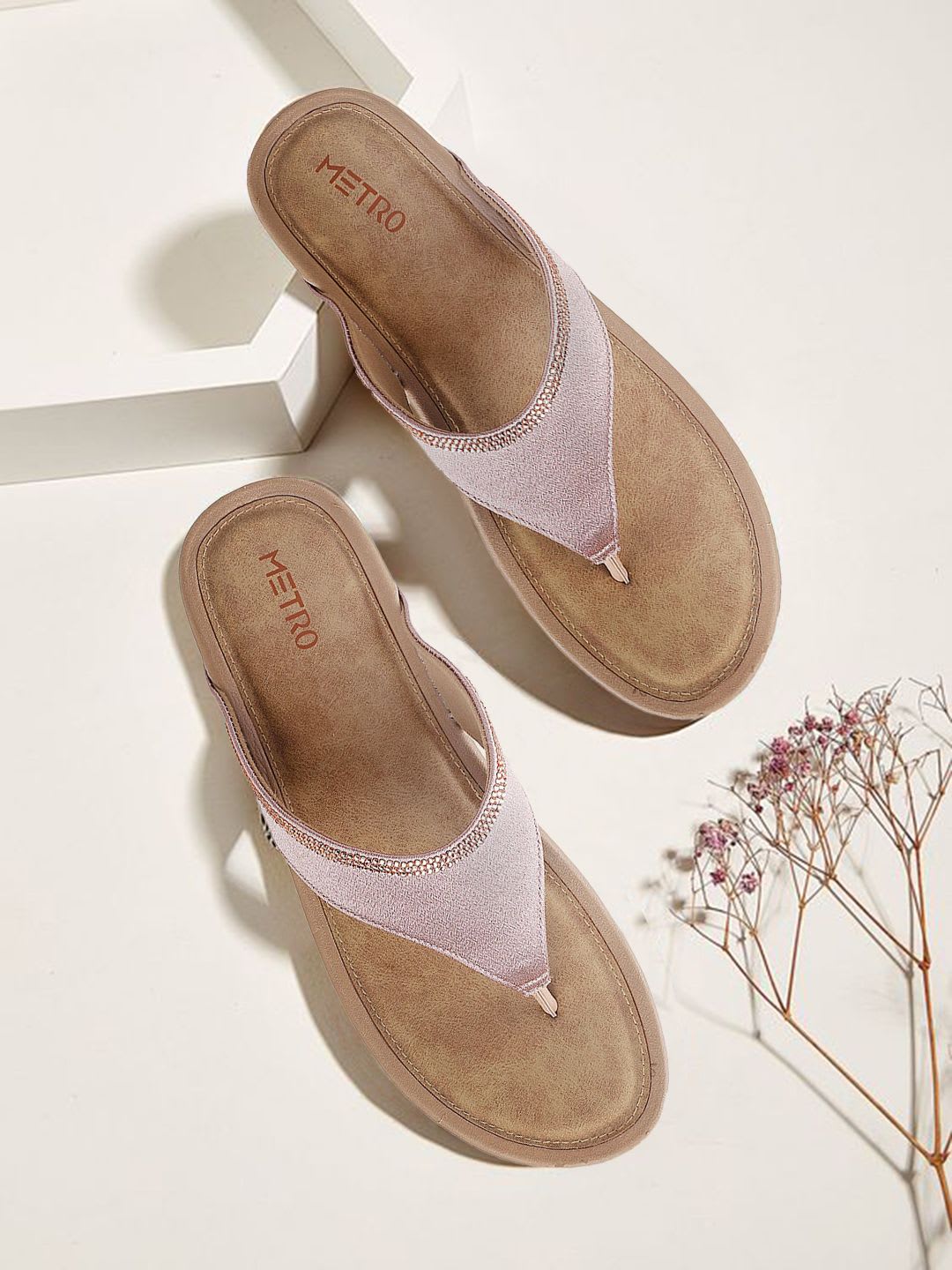 Metro Women Pink & Gold-Toned Embellished Comfort Heels - default view