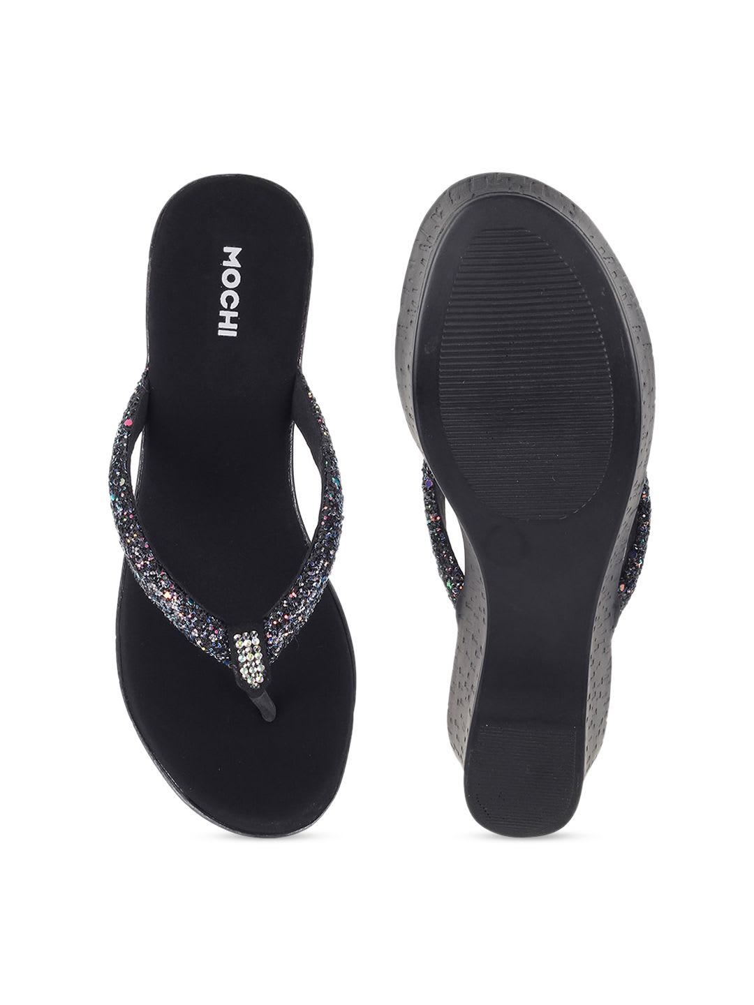 Mochi Black Embellished Party Wedge Heels - right view