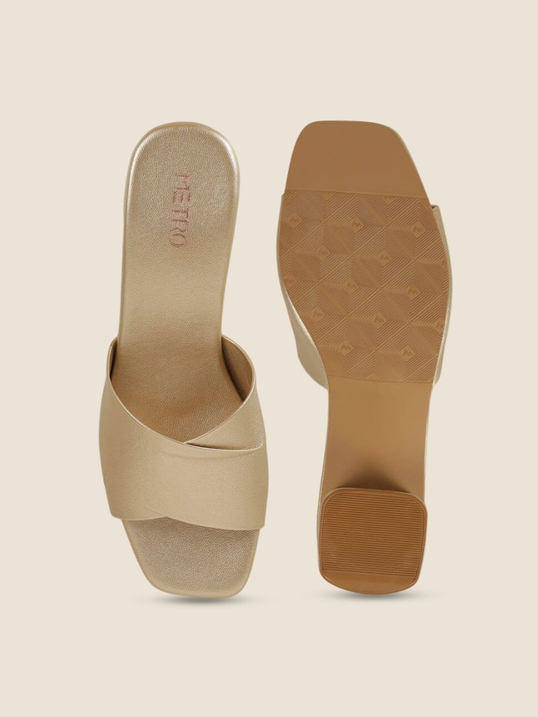 Metro Open Toe Gold Tone Comfort Block Heels - left view