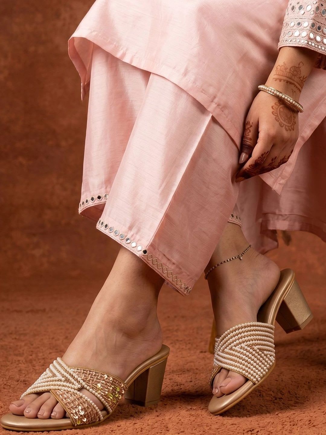 House of Pataudi Embellished Ethnic Block Mules - default view