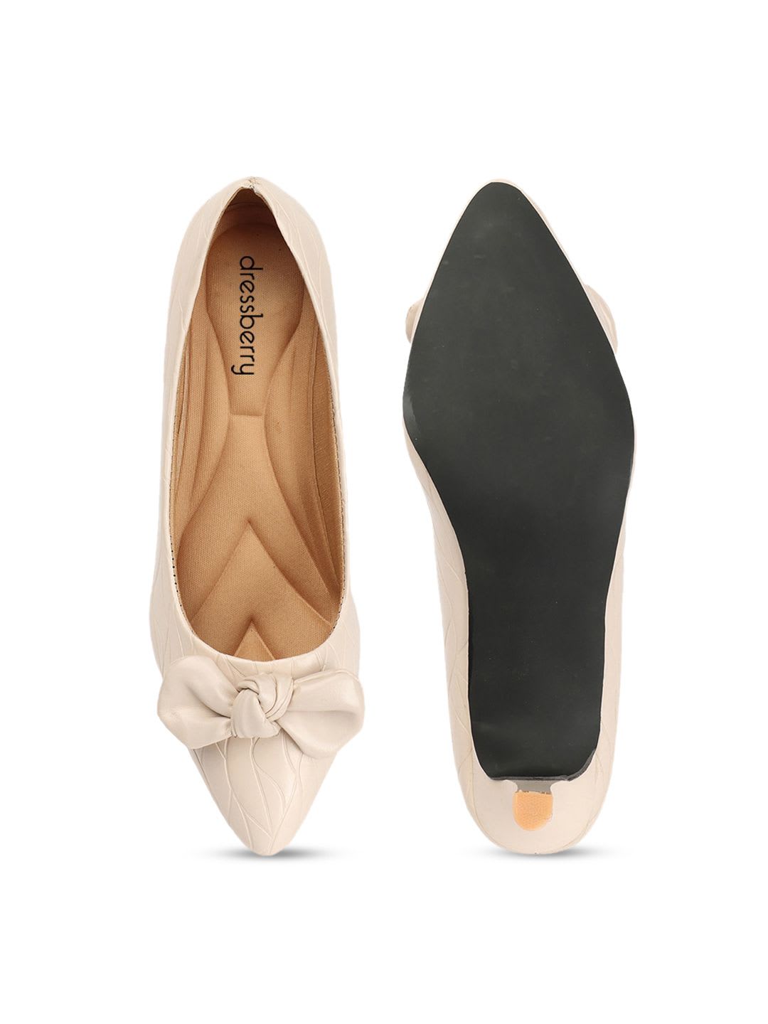 DressBerry Cream-Coloured Pointed Toe Textured Kitten Pumps With Bows - right view