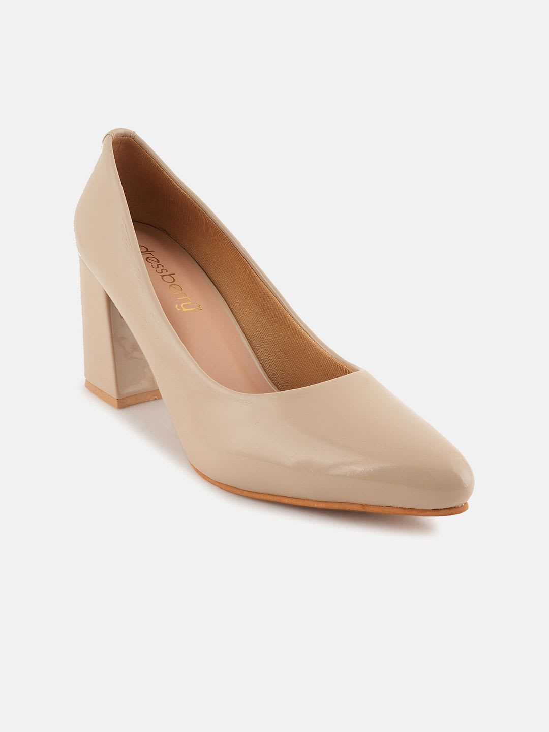 DressBerry Beige Round Toe Block Heeled Pumps - back view