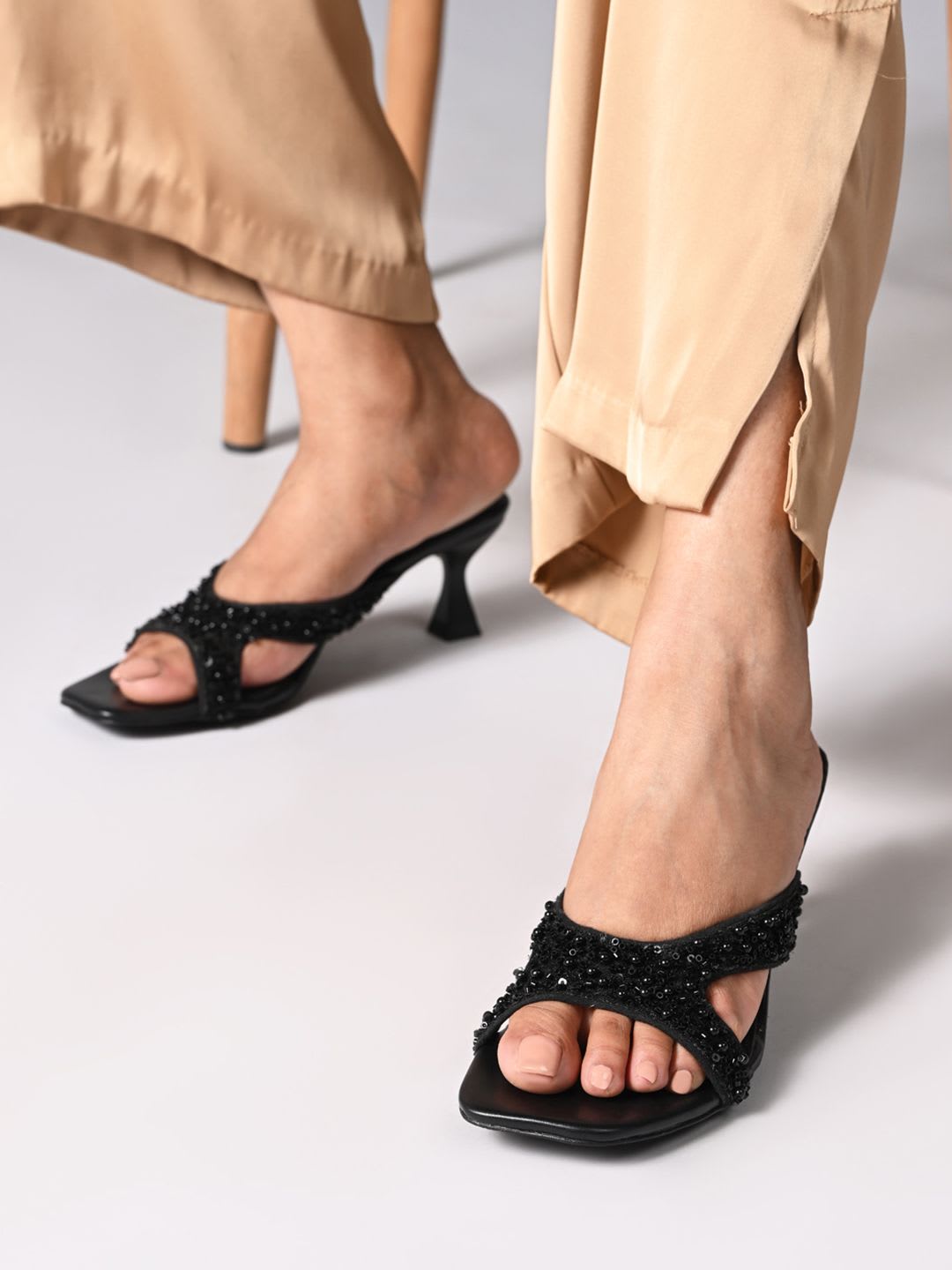 CAI Women Black Embellished Beaded Kitten Cross Heel Sandals - default view