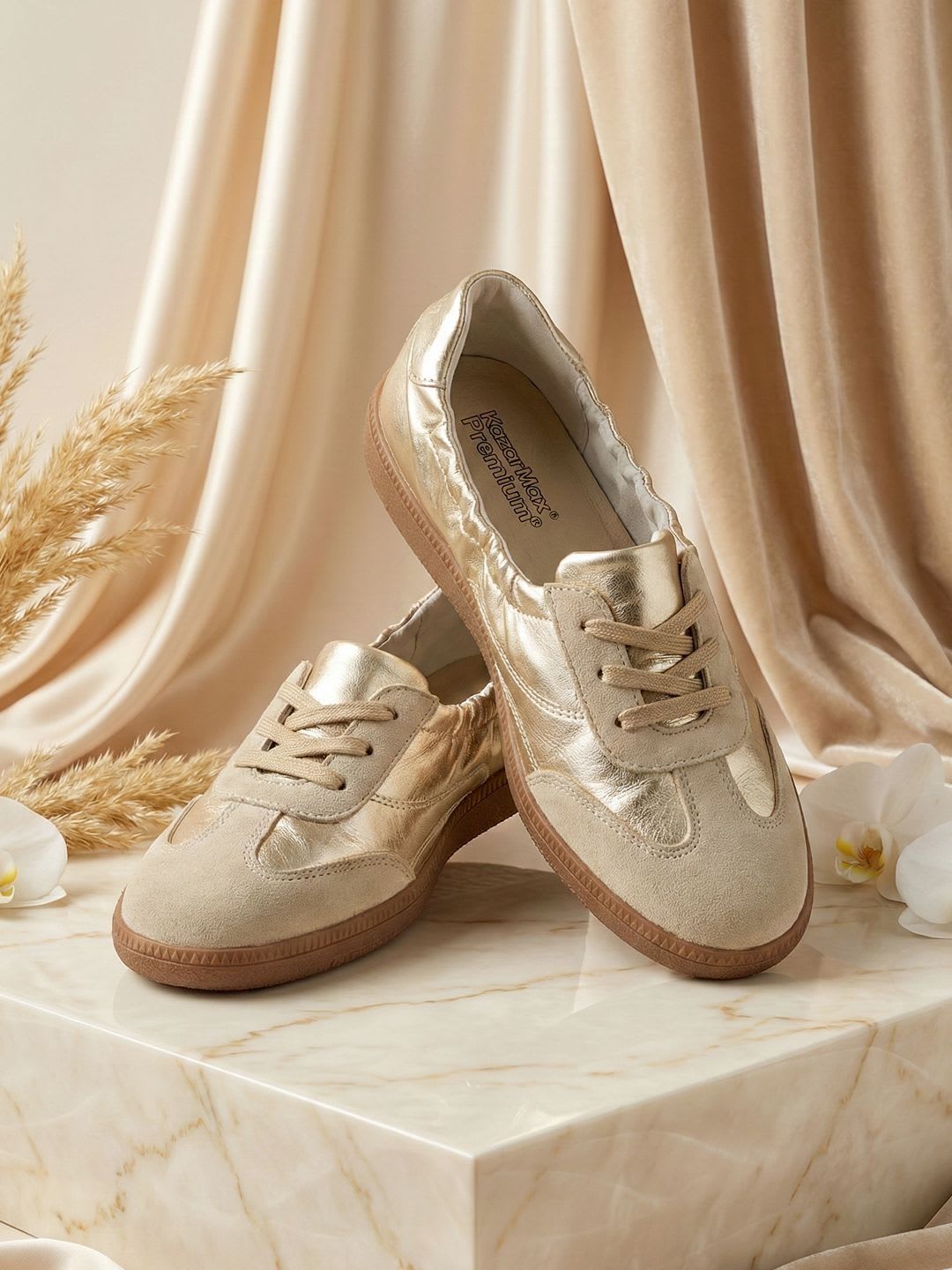 KazarMax Premium Women Gold PU Lightweight Casual Sneakers with Cushioned Footbed Shoes - default view